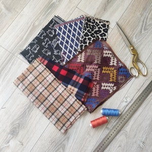 Assorted Fliece and Woven Fabric Pieces Bundle 6 pcs One Bag of Fabric Scraps Double Sided Fabric Pieces Jacquard Tapestry Remnant