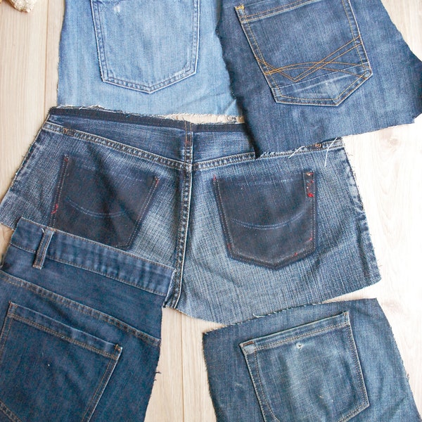 Blue Jeans Back Pockets Bundle, Denim Scraps Bits Parts for DIY Projects, 5 pcs Assorted Salvaged Jeans Pieces