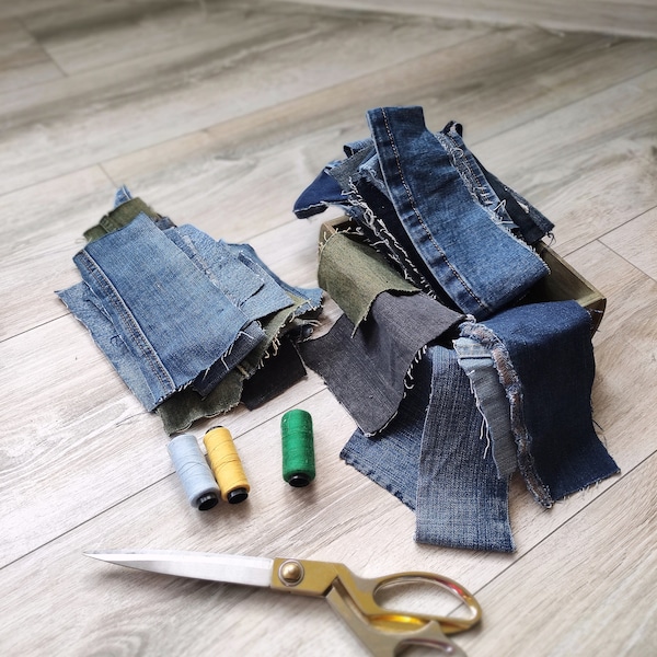 Blue Assorted Jeans Small Scraps Bundle, Reclaimed Jean Parts Bits Remnants, Lot of Repurpose Salvaged Denim Pieces