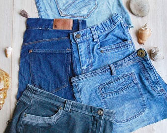 Recycled Blue Denim Jeans Pockets Bundle 5 pcs Reclaimed Jeans Denim Quilt Pieces Upcycled DIY Home Decor
