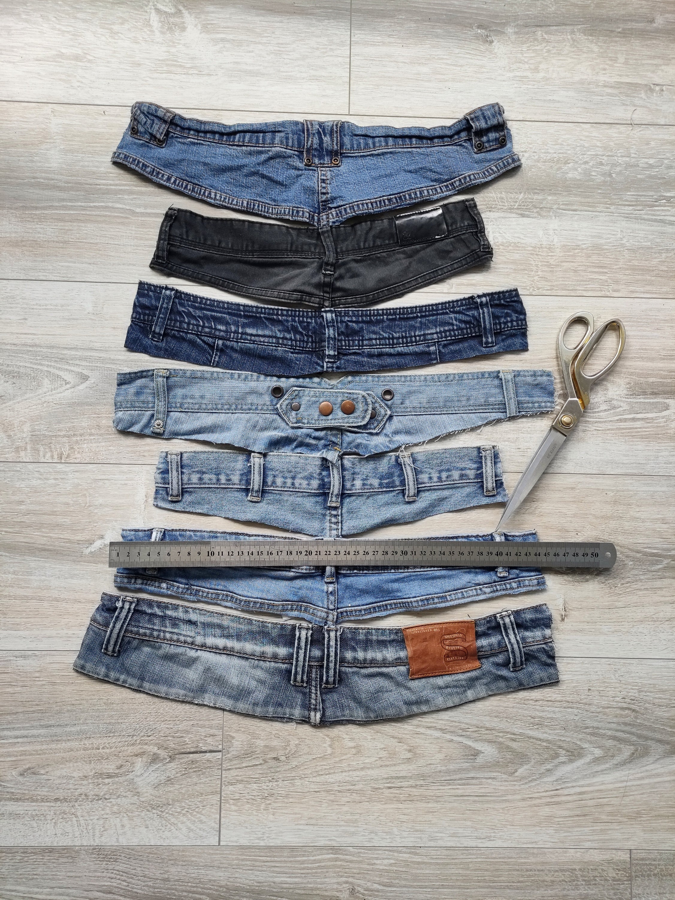Blue Jeans Belts 7 pcs Upcycled Denim Cutoff Pieces DIY Project Assorted Bundle of Bits for Quilting Rugs Cushions