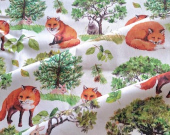 Fox and Rabbit Print Cotton Upholstery Fabric, Woodland Decor