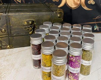 Witchcraft Herb Kit: 24 Glass Vials of herbs for witchcraft, manifestation, Wicca, divination.