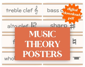 May include: A set of printable music theory posters with illustrations of musical symbols and terms. The posters include treble clef, bass clef, alto clef, sharp, whole note, half note, and half rest. The posters are labeled "MUSIC THEORY POSTERS" and are available as a digital download in PDF format.