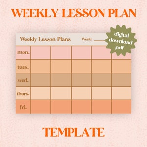 May include: A printable weekly lesson plan template with a peach and brown colour scheme. The template is divided into five days of the week: Monday, Tuesday, Wednesday, Thursday, and Friday. Each day has five boxes for writing in lesson plans.