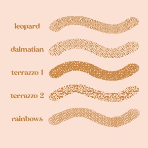 May include: Five wavy lines in a light brown color with different patterns. The patterns are leopard, dalmatian, terrazzo 1, terrazzo 2, and rainbows.