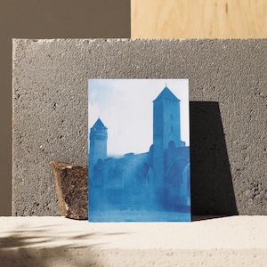 Cahors Pont Valentré - Postkarte - A6 - Cyanotypie - Handgefertigt - Blaupause - Landschaft - Fotografie - Papierdruck