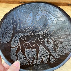 African Handcrafted Vintage Hardwood Black Shallow Bowl Giraffe design
