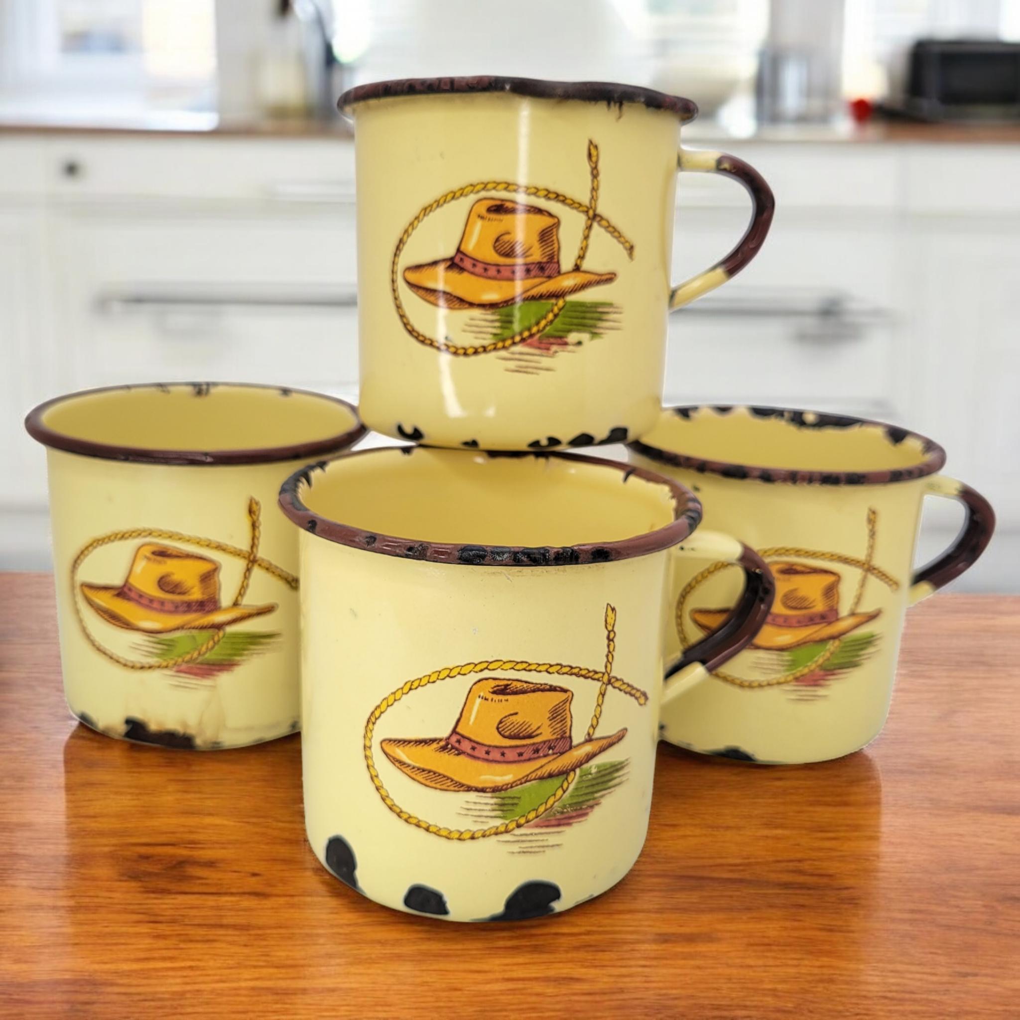4 tasses vintage en émail Monterrey Western Ware, tasses à café de camping Southwest