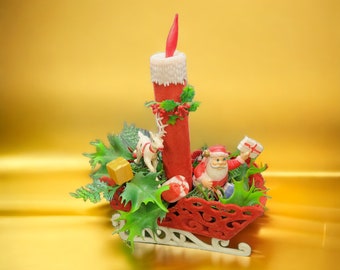 Vtg Christmas Kitsch Santa Sleigh Reindeer Soft Plastic Blow Mold Hong Kong