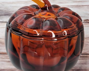 Vintage Burnt Amber Pumpkin Dish Lidded Heavy Glass Candy Jar Excellent Condition