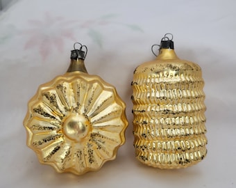 2 Vintage Gold  Mercury Glass 4" Christmas Ornaments Flower Lantern Poland S