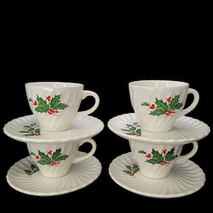 4 juegos de tazas y platillos vintage SCIO Japan White Swirl Holly Berry Tea Christmas