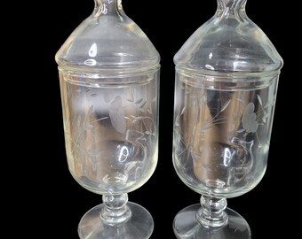 Lot de 2 pots d'apothicaire vintage en verre gravé Princess House avec couvercle floral transparent