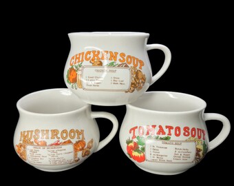 Lot de 3 tasses à soupe vintage des années 1970 au poulet, aux champignons et aux tomates