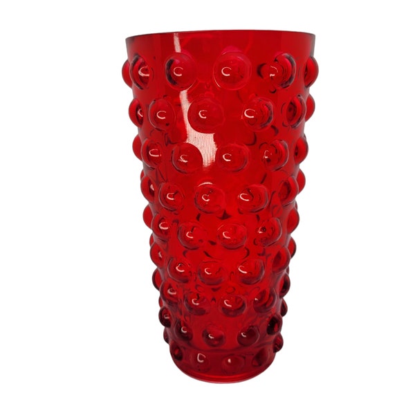 Vtg. Vase rouge rubis 9 po. en verre bullé, grandes bulles d'art en verre moderne Mid-Century