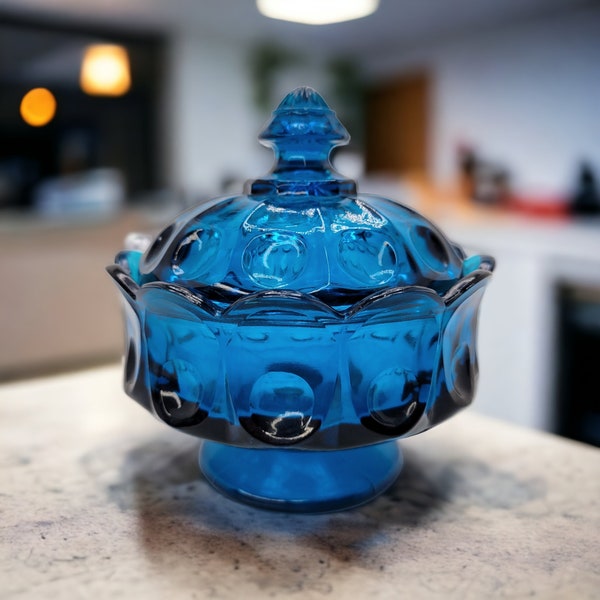 Vintage Westmoreland Glass Dark Aqua Blue Candy Dish Deckel Teal Teal Sockel Fuß