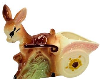 Vintage MCM Anthropomorphic Deer Planter Fawn Doe Pulling Cart 1950’s Pottery