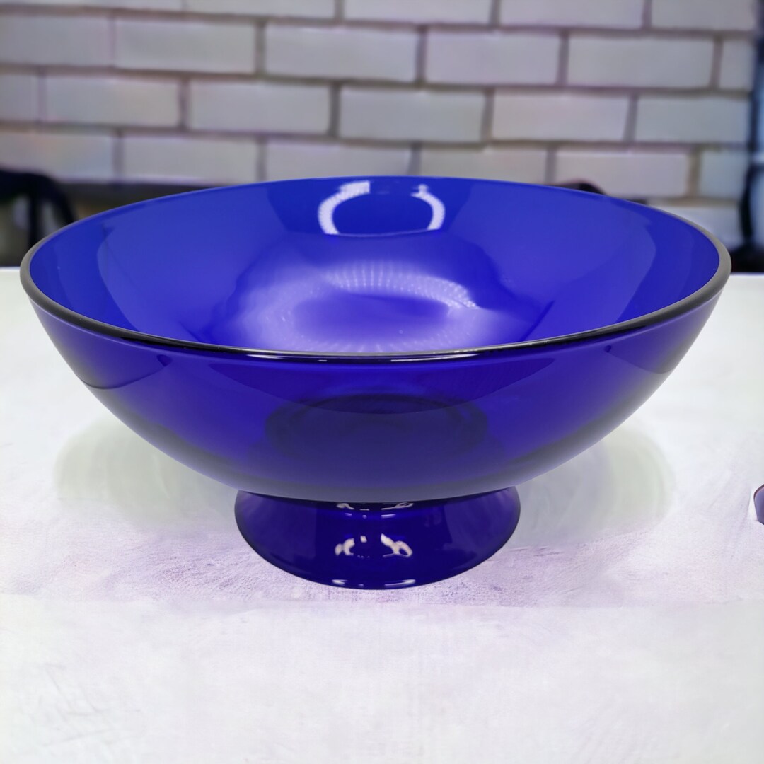 Vintage Cobalt Blue Centerpiece Bowl Fruit Serving Footed Pedestal Art Glass Etsy