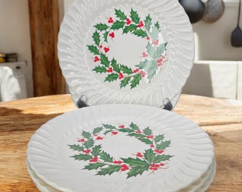 4 Vintage SCIO Christmas White Swirl Edge Holly Berry Dinner Plates 10&quot; MCM