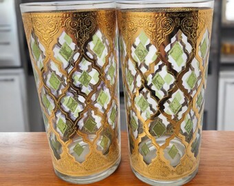 2 Vtg. Culver Glass Valencia Tumblers 22K Gold Green Diamond MCM Vintage 12oz
