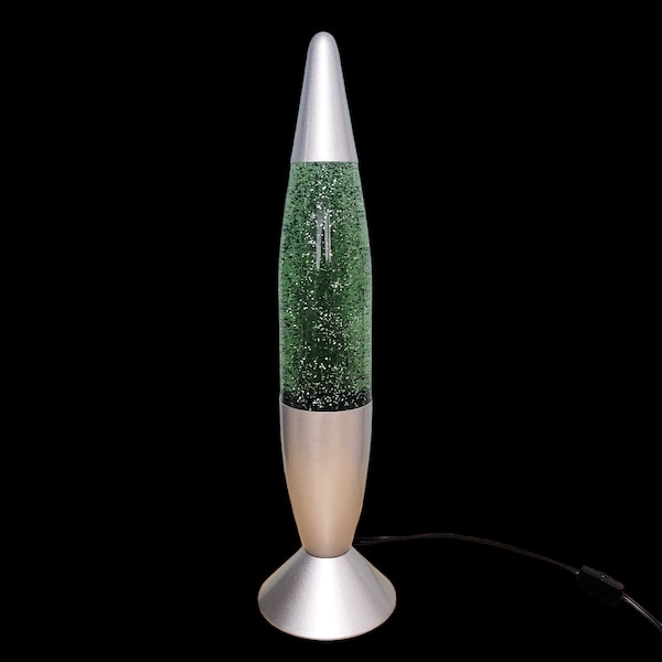 Vtg.  Lava Lamp Pliable Art Green Gold Silver Glitter Motion Mood Plasma Sensory