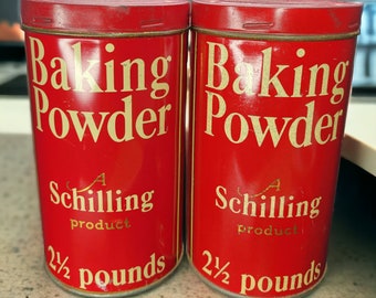 Lot de 2 Schillings des années 30, boîte publicitaire en poudre à pâte 2 1/2 #, couvercle, accessoire San Francisco
