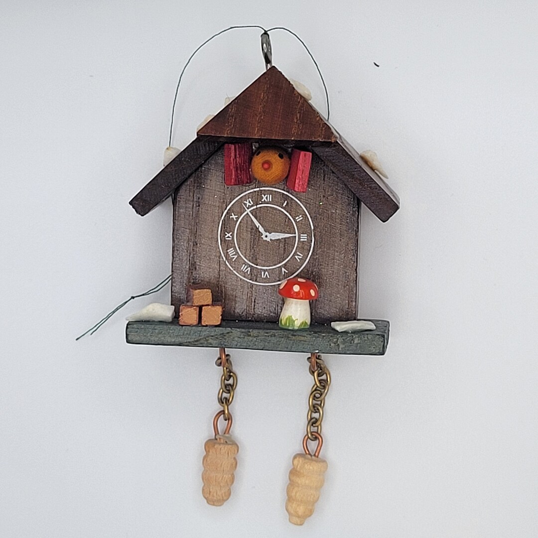 Vintage Wooden Cuckoo Clock Christmas Ornament Mushroom Toadstool