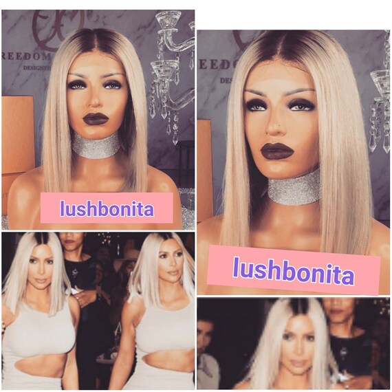 Kim K Inspired Blonde Bob Wig With Dark Roots 100 Human Hair Etsy