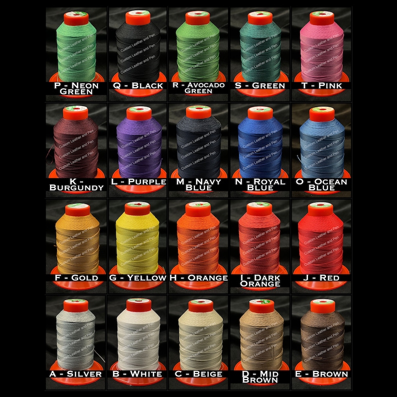 May include: A grid of spools of thread in various colors, including neon green, black, avocado green, green, and pink. Each spool has a red top and is labeled with a letter and color name. The image is on a black background.
