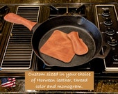 Personalized Cast Iron Skillet Handle Cover and Trivet in Horween Leather, Engraved Pot Holder Grip, Gift for Cooks Chefs Fathers Day Gift