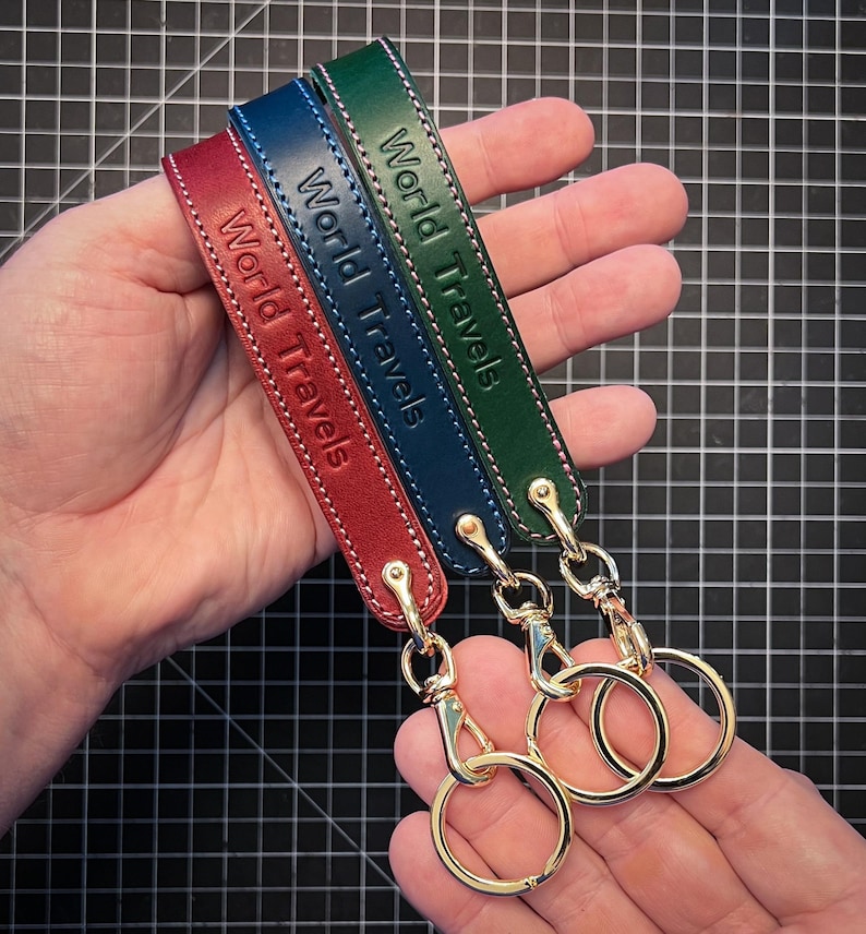 Handmade in the USA: Horween Leather Custom Wristlet Keychain. Choose leather color, thread and text. Hardware in brass, nickel, black image 6
