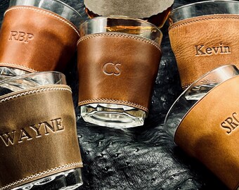 Personalized Bourbon Glasses. Leather Whiskey Glass. Bourbon Gifts. Custom Whiskey glasses for Dad. Fathers Day Gift for Whiskey Lovers.