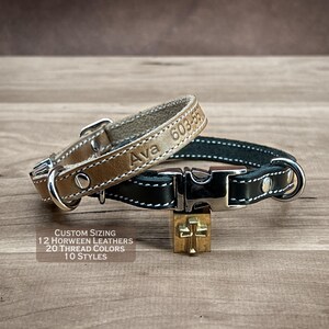 Handmade Teacup Dog Collar in American Horween leather.  Toy Breed Collar with  Name & Phone. Choose 12 Horween Leathers,  20 Thread Colors