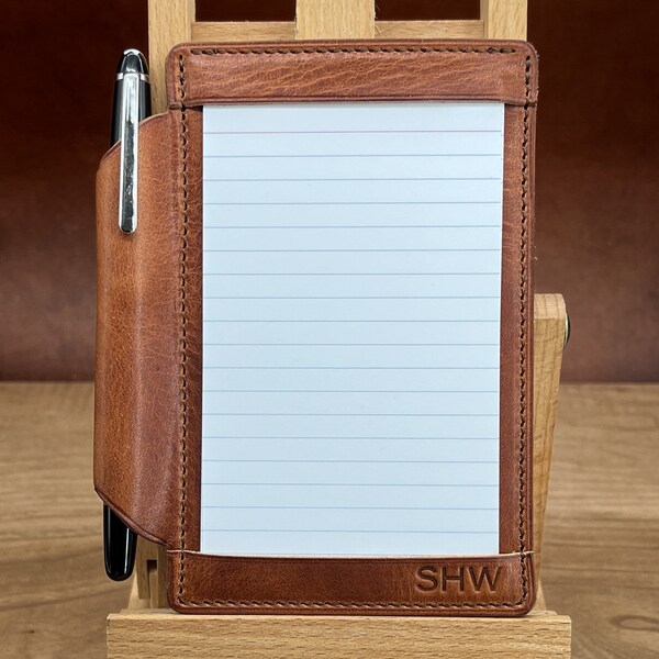 Personalized Leather Index Card Holder handmade in Horween leather.  Leather Accessories for Men and Women.  Travel Briefcase Notepad