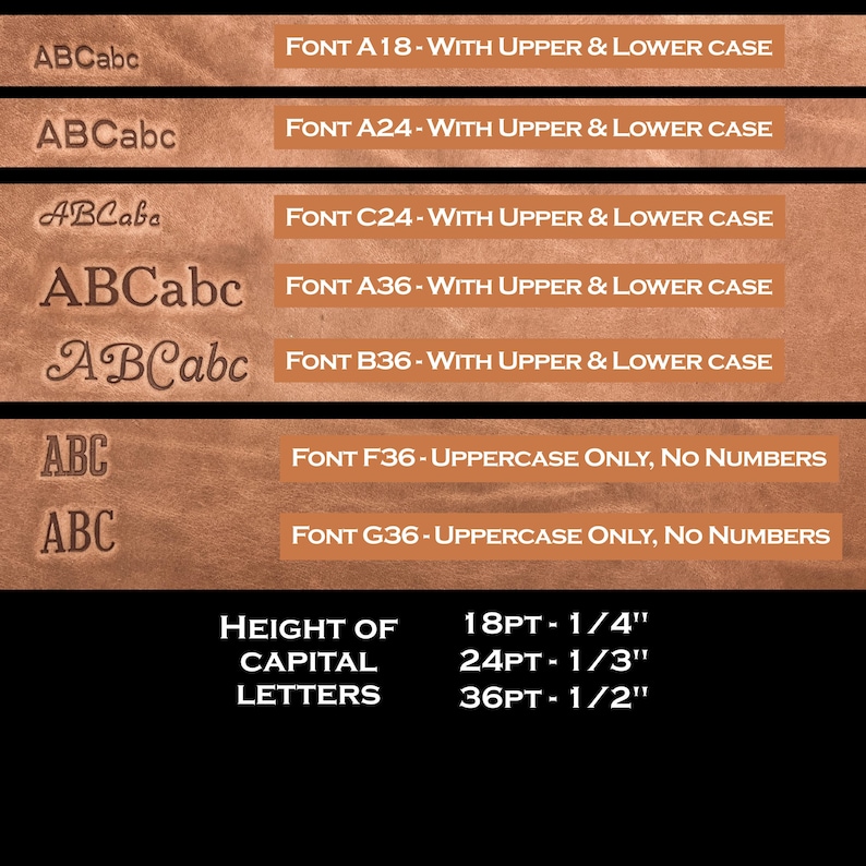 May include: A brown leather-like surface displays various font styles with uppercase and lowercase letters, and uppercase only. Font names and sizes are listed, including 18pt (1/4 inch), 24pt (1/3 inch), and 36pt (1/2 inch) capital letters. The image is a font guide.