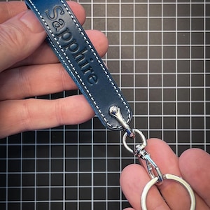 Handmade in the USA: Horween Leather Custom Wristlet Keychain. Choose leather color, thread and text. Hardware in brass, nickel, black image 14