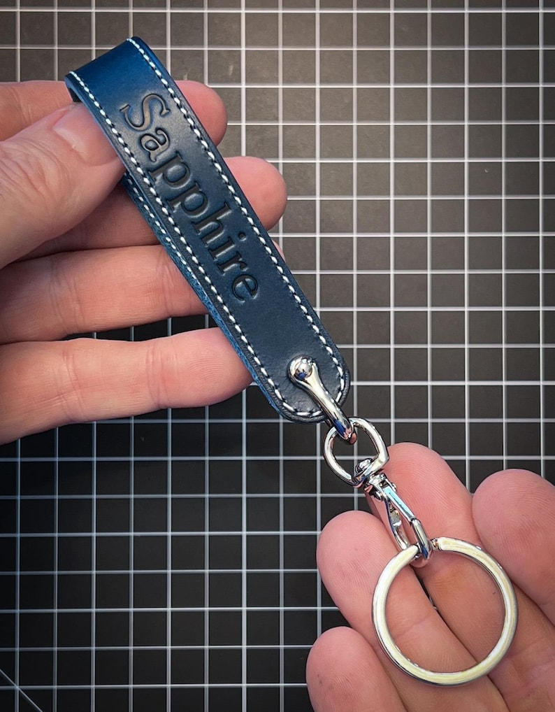 Handmade in the USA: Horween Leather Custom Wristlet Keychain. Choose leather color, thread and text. Hardware in brass, nickel, black image 14