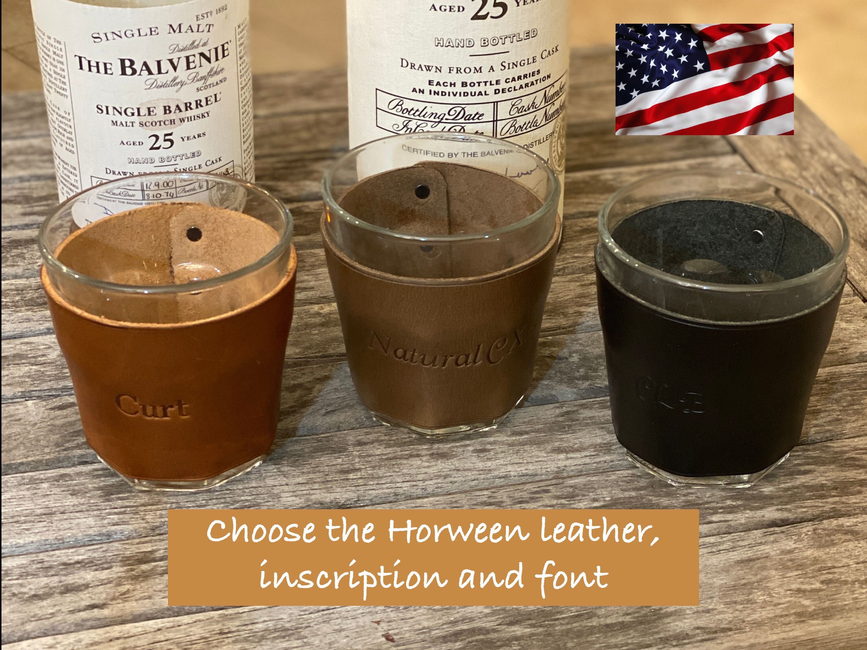 custom leather wrapped whiskey glass