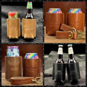 Handmade Can Cooler and Bottle Wrap in Horween Leather. Custom Drink Cooler. Texas Wedding Favors. Leather Groomsmen Gifts, Usher Gift