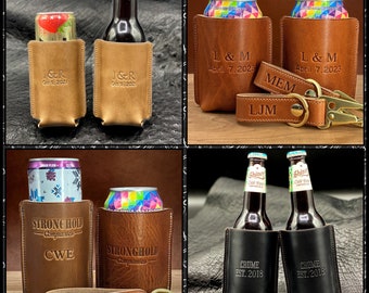 Handmade Can Cooler and Bottle Wrap in Horween Leather. Custom Drink Cooler. Texas Wedding Favors. Leather Groomsmen Gifts, Usher Gift