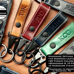 May include: A collection of personalized leather keychains in various colors, including tan, red, green, and navy. Each keychain features embossed initials and a black metal clasp. The image also includes text that says "Famous Horween Leathers" and "Handmade to Order in Houston, TX."