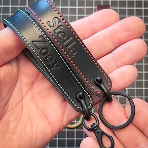 Handmade in the USA: Horween Leather Custom Wristlet Keychain. Choose leather color, thread and text. Hardware in brass, nickel, black image 7