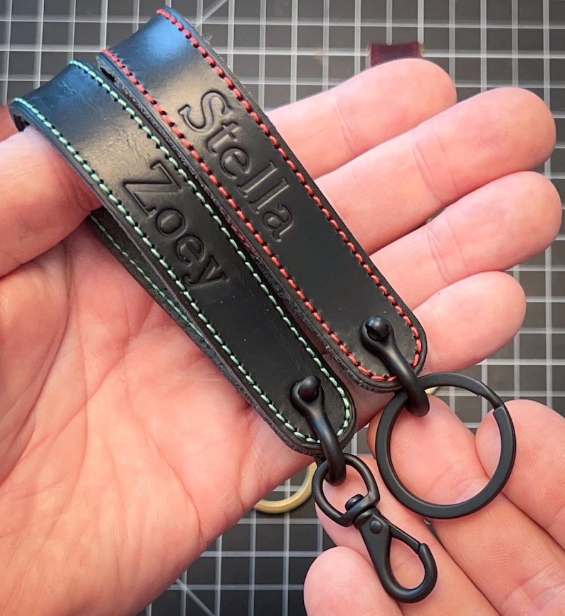 Handmade in the USA: Horween Leather Custom Wristlet Keychain. Choose leather color, thread and text. Hardware in brass, nickel, black image 7