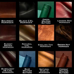 May include: A grid of leather swatches in various colors, including brown, black, green, and red. Each swatch is labeled with the leather type and color, such as "Bourbon Horween" and "Black CXL Horween."