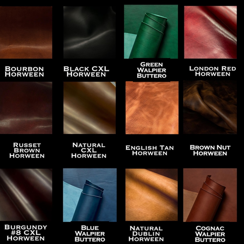 May include: A grid of leather swatches in various colors, including brown, black, green, and red. Each swatch is labeled with the leather type and color, such as "Bourbon Horween" and "Black CXL Horween."