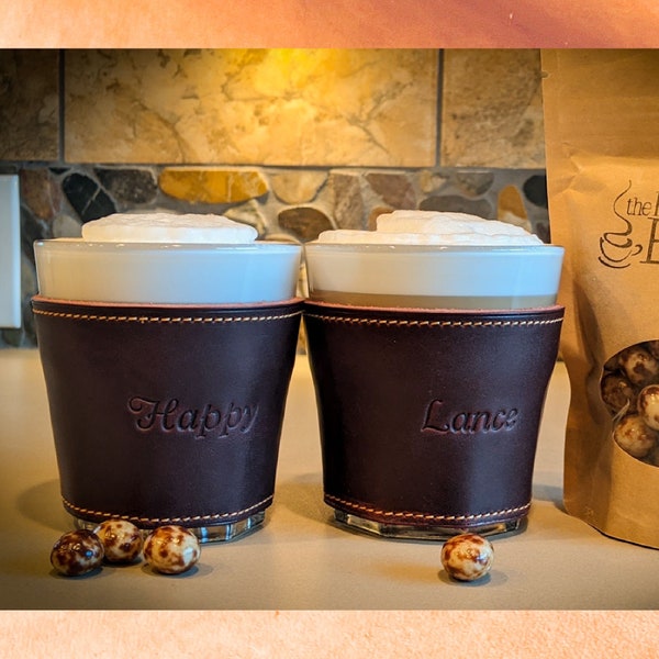 Customizable Cappuccino Cup in Horween Leather.  Handmade Leather Wrapped Glass for Coffee, Lattes, Teas. Latte Cappuccino Coffee Lovers