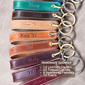 Handmade in the USA: Horween Leather Custom Wristlet Keychain. Choose leather color, thread and  text.  Hardware in brass, nickel, black