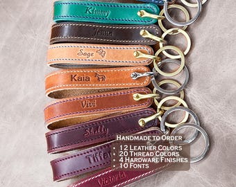 Handmade in the USA: Horween Leather Custom Wristlet Keychain. Choose leather color, thread and  text.  Hardware in brass, nickel, black