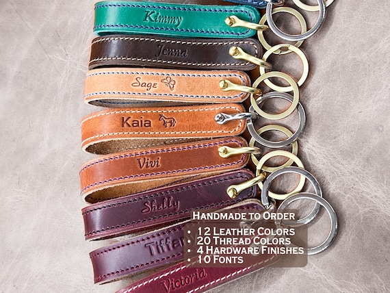 Handmade in the USA: Horween Leather Custom Wristlet Keychain. Choose leather color, thread and  text.  Hardware in brass, nickel, black